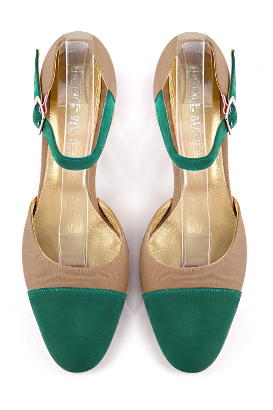 Emerald green and tan beige women's open side shoes, with an instep strap. Round toe. Medium block heels. Top view - Florence KOOIJMAN